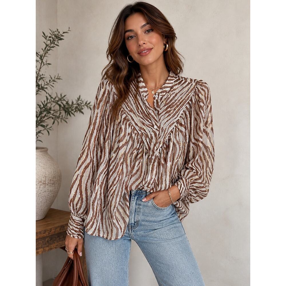 Rochelle Behrens Zebra Print Long Sleeve Blouse Top Cream Brown Women's Size XS